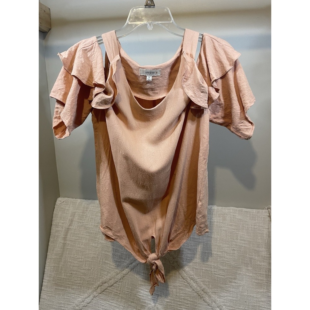 Umgee Peach Linen Cold Shoulder Ruffle Short Sleeve Tie Waist Top Womens XL Boho